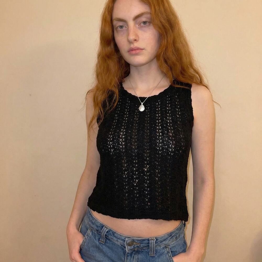 Vintage 90s Mohair Blend Sheer Crochet Knit Boho Tank (S)